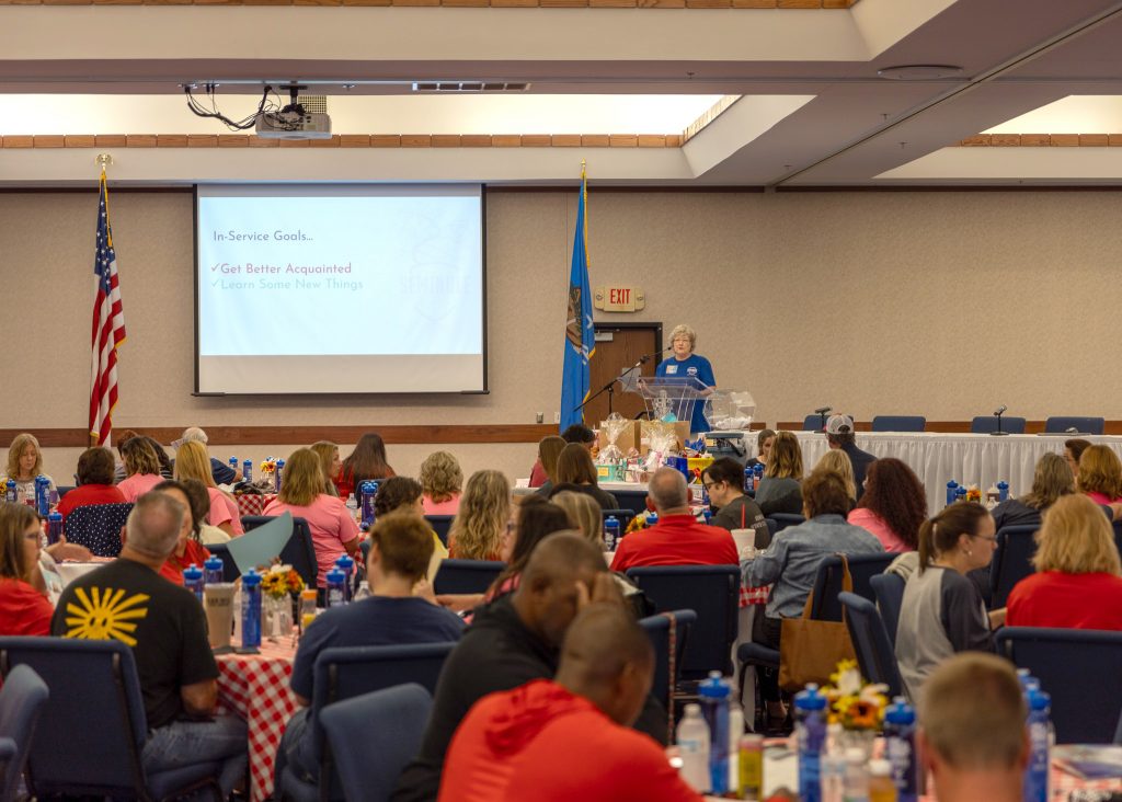 In this picture, SSC President Lana Reynolds welcomes employees to the colleges annual in-service event.