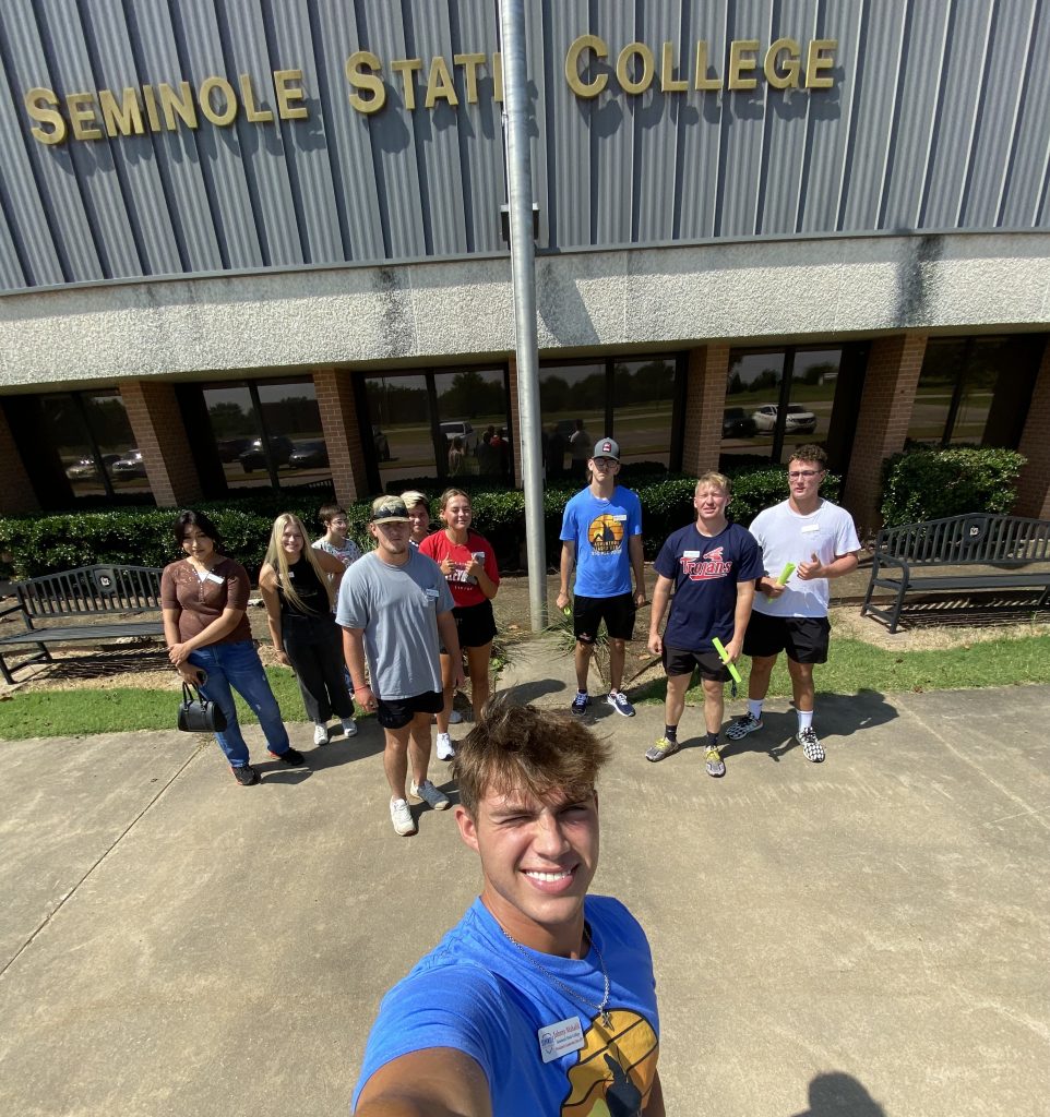 Pictured (back row, left to right): Joriana Johnson of Wewoka, Charity Hair of Seminole, Jesse Jones of Tecumseh, Cooper Hamilton of Tahlequah, Jordan Long of Moss, Alex Harper of Coweta, Easton Guest of Sperry, Daylan Saxon of Seminole, Cole Giard, Piedmont and (front row, taking the photo) John Mahalik of Carrolton, Texas, pose for a selfie.