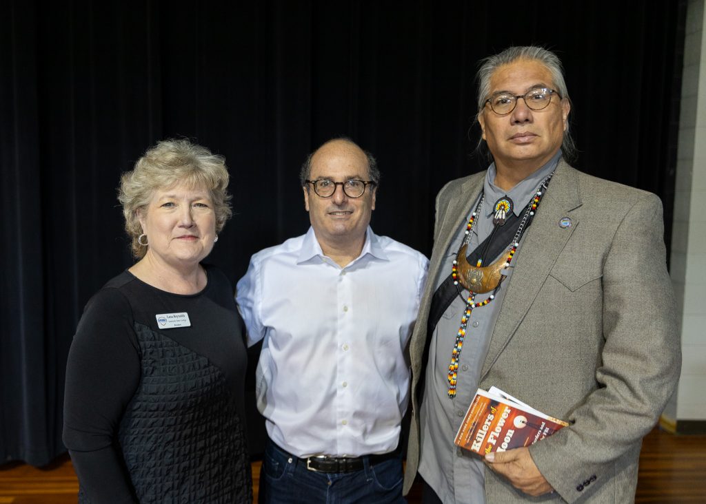 SSC President Lana Reynolds (left), Grann (center) and Seminole Nation Chief Lewis Johnson pose for a photo following the event.
