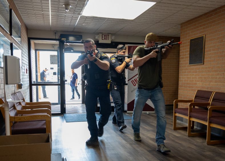 Seminole Police Department officers as pictured as they enter SSC’s Tanner Hall. The officers assisted in an active shooter and shelter in place drill on Sept. 21.