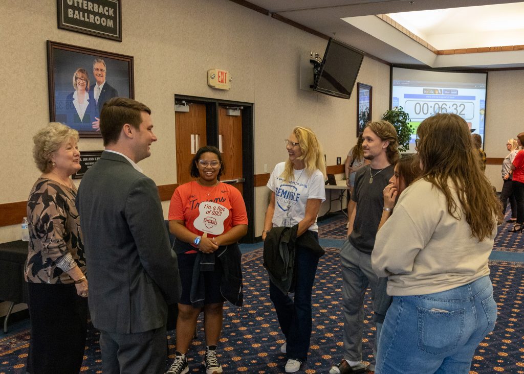 Pictured is Speaker Pro Tempore of the Oklahoma State House of Representatives Kyle Hilbert (R-Bristow) as he met with SSC students who were hosting a business skills seminar for area high school students.