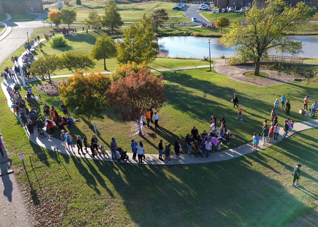 Pictured is an ariel view of Hundreds of little ghosts, goblins, superheroes and princesses as they visited Seminole State College to load up on candy Oct. 26 for the College’s annual Trick or Treat Trail event.