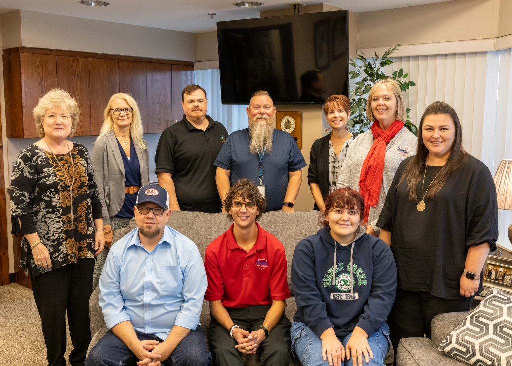 Pictured (left to right) seated on the couch are: SGA officers - Vice President Trenton Stewart of Holdenville, President Benjamin Parker of Shawnee and Secretary Elizabeth Smith of Agra. Standing (left to right) are: SSC President Lana Reynolds, Director of Board Relations and Administrative Operations Mechell Downey, Director of Information Technology and Information Security Officer Marc Hunter, Vice President for Student Affairs Dr. Bill Knowles, Vice President for Academic Affairs Dr. Amanda Estey, Vice President for Fiscal Affairs Melanie Rinehart and SGA Sponsor Talina Lee.