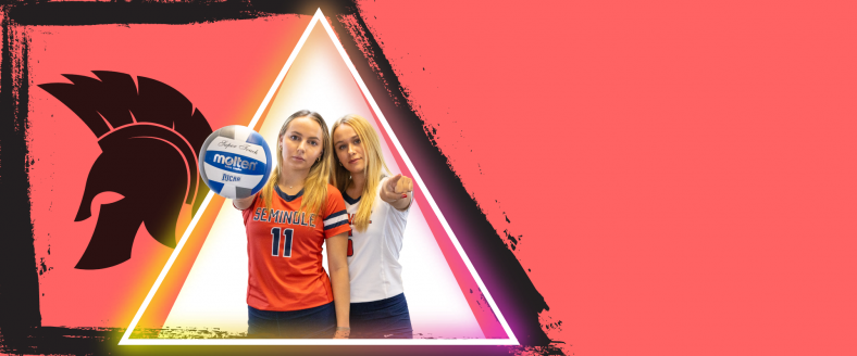 This is a decorative graphic featuring two of SSC's volleyball players.