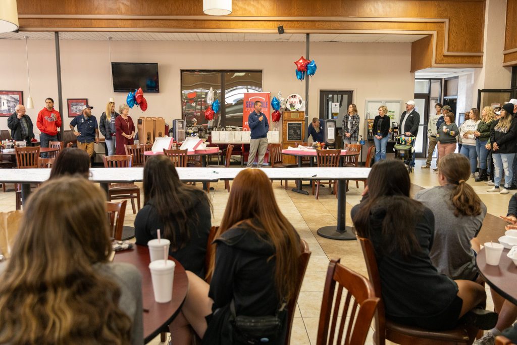 Pictured, SSC head soccer coach, Dan Hill speaks to SSC students, employees, community supporters, family and friends as they line the walls of the union to wish the team well as they head to the NJCAA Division I National Tournament.