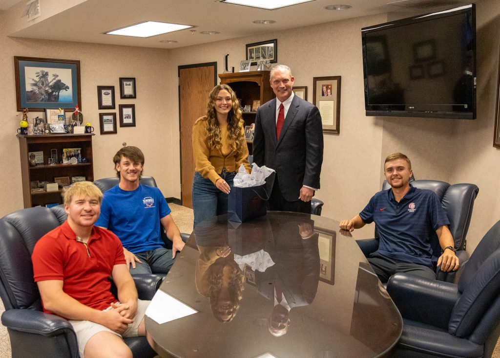 Pictured (left to right) are Daylan Saxon, Seminole freshman; Sutton Titsworth, Bristow freshman; Alex Harper, Coweta sophomore; Speaker McCall; and Ryan Carlisle, Arapaho sophomore.