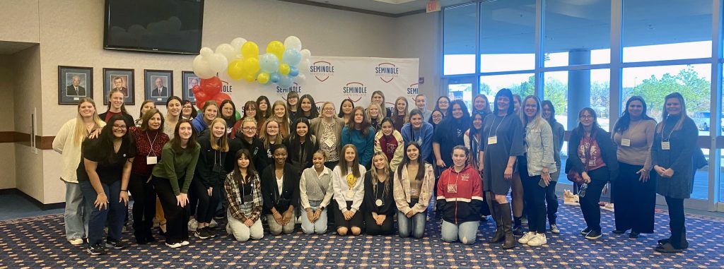Pictured, High school girls from Earlsboro, Holdenville, Macomb, Meeker, Prague, Seminole, The Academy of Seminole, Shawnee and Stroud attended the event to learn more about job opportunities in STEM, guidance one entrepreneurship and information on financial literacy.