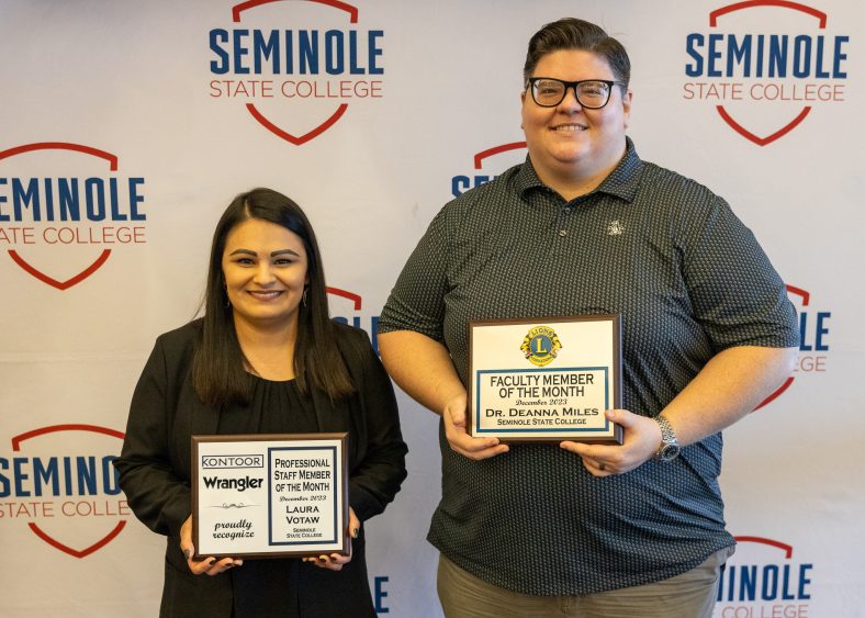 The Seminole Chamber of Commerce recognized Coordinator of Distance Education Laura Votaw (left) as the Staff Member of the Month and Assistant Professor of STEM and Accreditation Coordinator Dr. Deanna Miles (right) as the Faculty Member of the Month at their forum on Dec. 14.