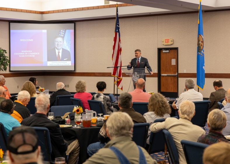 Pictured is Oklahoma Attorney General Gentner Drummond as he speaks to a crowd at the March Seminole Chamber of Commerce Forum.