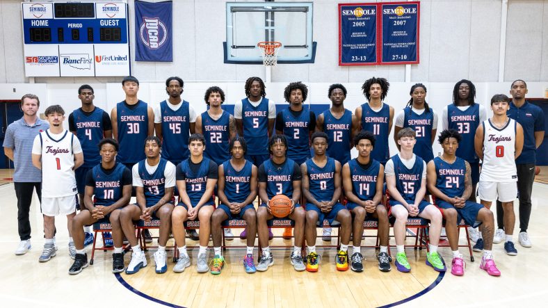 A team photo of the 2025 Seminole State College Men's Basketball team is shown.