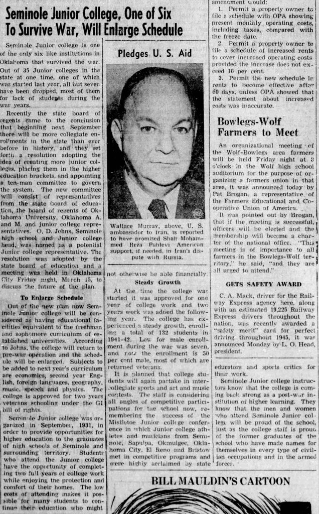 Article from March 20, 1946 Seminole Producer detailing SJC's survival during the war.
