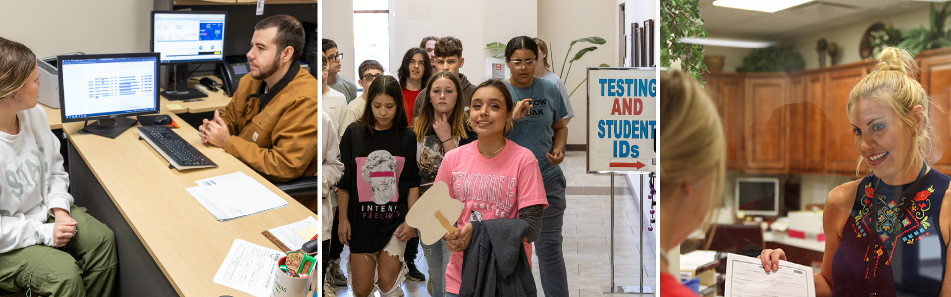 This collage of photos shows students talking with advisors and reviewing course material and future students on a campus tour.