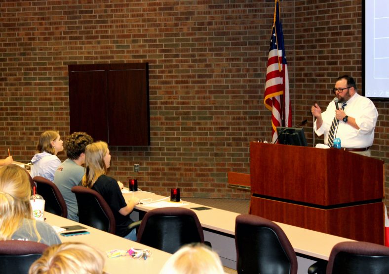 Associate Professor of Government Jeffrey Christiansen asks competing students a question during “Constitution Jeopardy!” during SSC’s Constitution Day celebration.