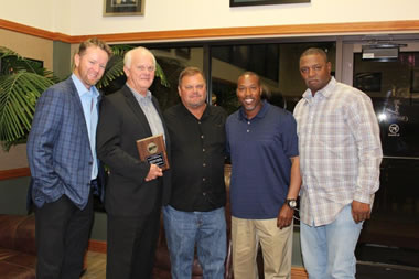 Pictured (left to right) are former MLB pitcher and SSC Regent Ryan Franklin, Simmons, former NJCAA World Series “Big Stick Award Winner” SSC Regent Curtis Morgan, current SSC Trojan Coach Mack Chambers and Assistant Baseball Coach James Martin.