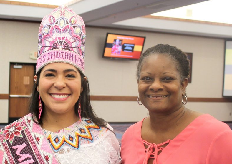 NASNTI Director Carol Parker (right) greets Miss Indian World Cheyenne Kippenberger (left) at a campus event on Sept. 20, 2019. The NASNTI program recently received a new grant focused on accessibility, computer science and Native American programming.