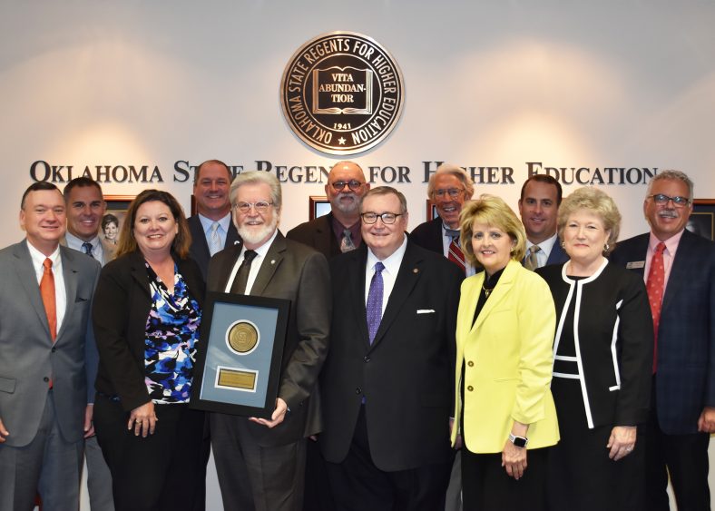 Pictured with Senator Thompson and Chancellor Glen Johnson (left to right) are Presidents Ron Ramming (Connors), Chad Wiginton (Western), Janet Wansick (Eastern), Jay Falkner (Carl Albert), Jack Bryant (Redlands), John Feaver (USAO), Jeanie Webb (Rose State), Kyle Stafford (NEO), Lana Reynolds (Seminole State College) and Clark Harris (Northern).
