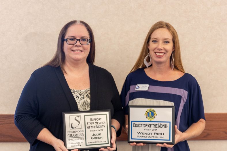 Human Resources Associate Julie Green (left) was honored as the “Staff Member of the Month” and Assistant Professor of Agriculture Wendy Rich (right) was honored as the “Faculty Member of the Month” at the Seminole Chamber of Commerce Forum on Oct. 12
