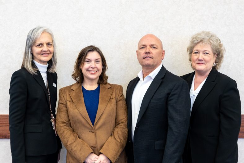 Associate Professor of English Yasminda Choate was granted tenure by the SSC Board of Regents at their meeting on March 24. Pictured (left-to right) following the meeting: Vice President for Academic Affairs Dr. Linda Goeller, Yasminda Choate, Board of Regents Chair Ray McQuiston, SSC President Lana Reynolds.