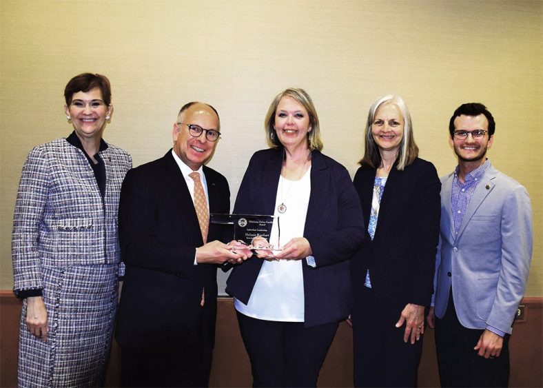 Pictured (L to R): Chancellor Allison D. Garrett; State Regents Chair Jeffrey W. Hickman; Melanie Rinehart and Dr. Linda Goeller, Seminole State College; and Brett King, and COLE Chair, UCO, pose for a photo.