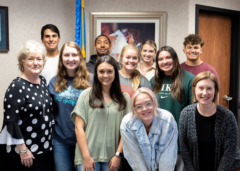 Seminole State College President's Leadership Class ,members pose for a picture with SSC President Lana Reynolds (middle row, far left) and sponsor Kim Pringle (front row, far right) are (back row l-r): Brandon Gomez of Oklahoma City, Cepado Wilkins, Jr. of Seminole, Kaitlyn Matlock of Lexington, Pepe Casey of Owasso; (middle row l-r) Sydney Winchester of Prague, Laney Anderson of Ada, Uriah McPerryman of Wetumka; (front row l-r) Jaycee Johnson of Prague and Jenna Harrison of Tecumseh.