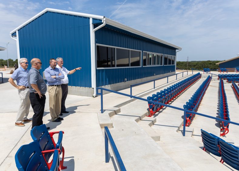 Pictured, Oklahoma State Director of the United States Department of Agriculture (USDA) Kenneth Corn, USDA Director of Business and Cooperative Programs - Rural Development Brian Wiles, SSC Rural Business and Resources Center Director Danny Morgan, and SSC Educational Foundation Vice Chair Mark Schell tour the toured the Brian Crawford Memorial Sports Complex.