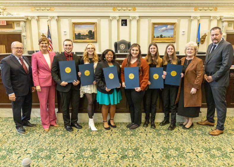Six students were honored by SSC at the All-Oklahoma Academic Team and OACC Presidents’ Tuition Waiver Awards Ceremony at the State Capitol on March 28. Pictured (left to right): State Representative Danny Williams (R-District 28), Chancellor of Higher Education Allison Garrett, Prague High School student Benjamin Foster, Holdenville High School student Carley Hunter, Shawnee High School student Olivia Stevenson, SSC students Jami Barkimer, Abigail Ridley, Hannah Ridley, SSC President Lana Reynolds, and State Senator Grant Green (R-District 28).