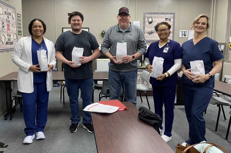 Posing for a photo are SSC Nursing students who presented at the Wewoka High School were (pictured left to right): Courtney Mathis, Connor Martin, Dusten Lancaster, Gisela Williams and Christy Bailey.