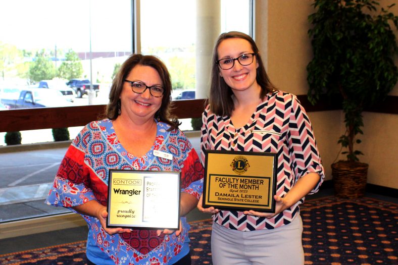 Pictured left to right, Staff Member of the Month Julie Hix and Faculty Member of the Month Damaila Lester were recognized at the Seminole Chamber of Commerce Forum April 13.