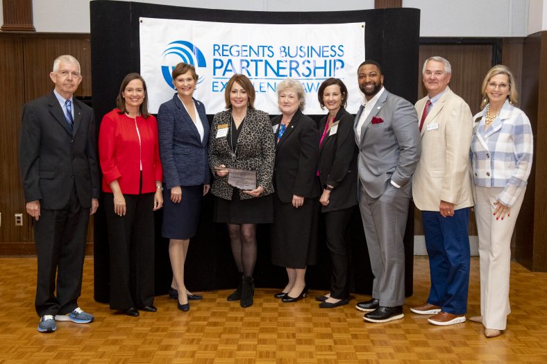 The partnership between Seminole State College and the Avedis Foundation was honored at the Regents Business Partnership Excellence Awards held on April 27 at the University of Central Oklahoma in Edmond. Pictured (left to right): Oklahoma State Regents Steven Taylor and Courtney Warmington, Oklahoma Chancellor for Higher Education Allison Garrett, President and CEO of the Avedis Foundation Dr. Kathy Laster, Seminole State College President Lana Reynolds, Avedis Board Members Angi Mohr and Josh Trimble, SSC Rural Business and Resources Director Danny Morgan, and Avedis Board Member Jill Spencer.