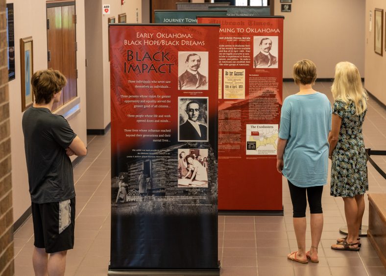 Students and Employees of Seminole State College observe the Early Oklahoma: Black Hope/Black Dreams exhibit, that is on display throughout the month of June in the Enoch Kelly Haney Center on the Seminole State College campus.