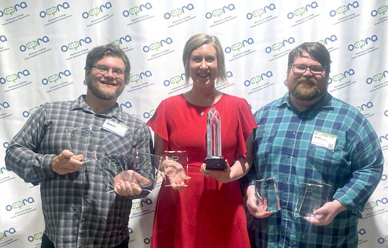 SSC Web and Multimedia Coordinator Brooks Nickell (left), Director of Community Relations Kim Pringle (center) and Communications Coordinator Josh Hutton (right) won eight awards, including Best of Show, at the Oklahoma College Public Relations Association conference at the Downstream Resort and Casino in Quapaw on July 10.
