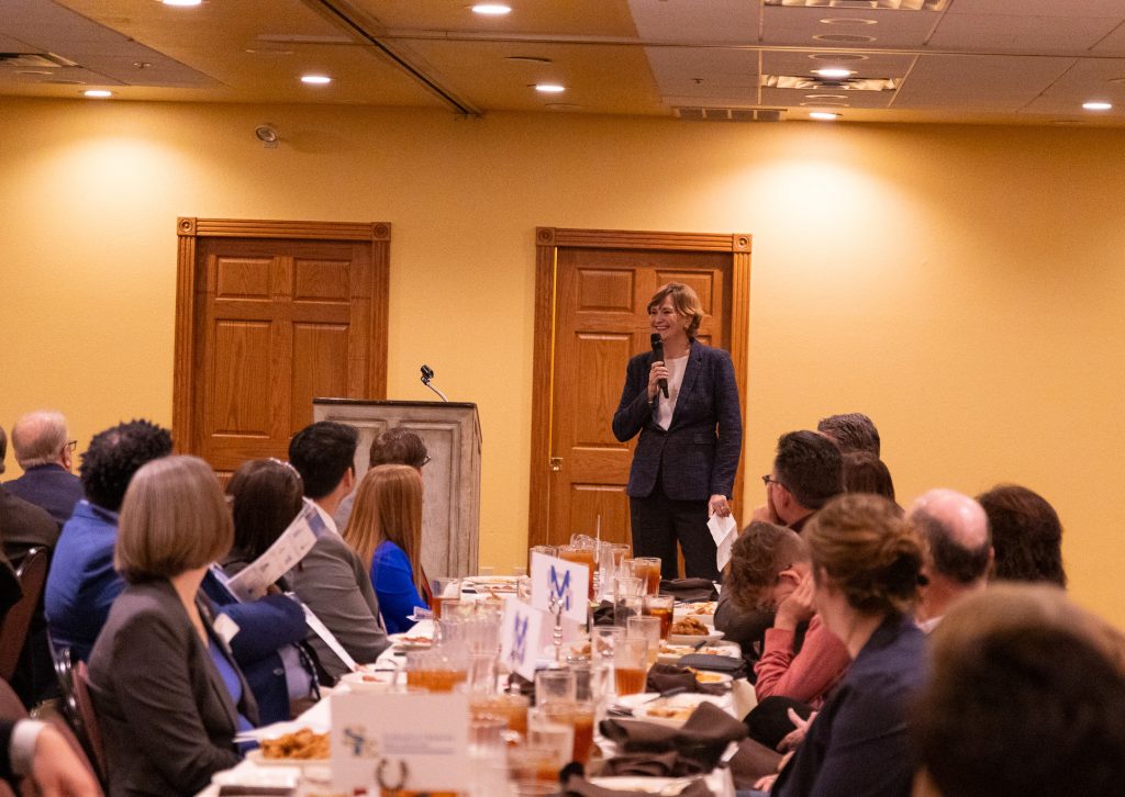 Pictured is Oklahoma State System of Higher Education Chancellor Allison Garrett presents the proposed budget and speaks about the economic impact of higher education at the Southeast Legislative Briefing in Krebs on Jan. 26.