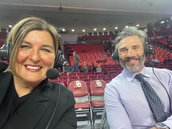 Latricia Trammell (left) and Chad McKee (right) sit at the commentary booth prior to an OU game. During the WNBA offseason, Trammell works as a commentator for women’s college basketball.