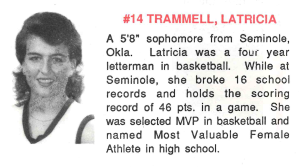 Photo and bio of Latricia Trammell from the 1987-88 Seminole Junior College Media Guide.