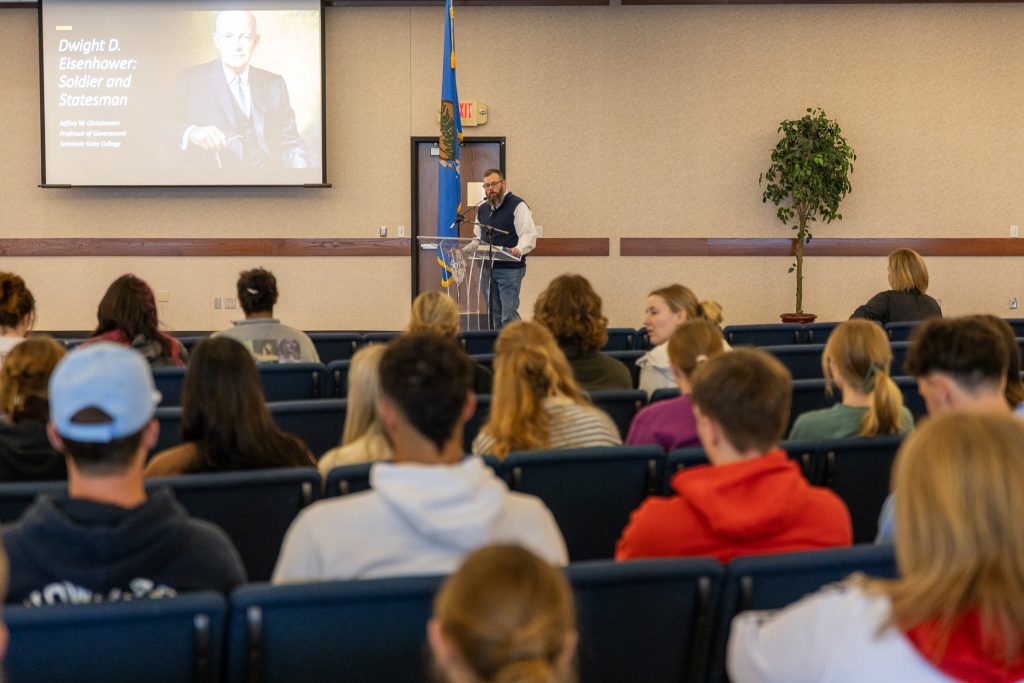 Pictured, Seminole State College Professor of Government Jeffrey Christiansen speaks to students, faculty, staff and community members at an event honoring Presidents’ Day at the College on February 16 in the Utterback Ballroom.