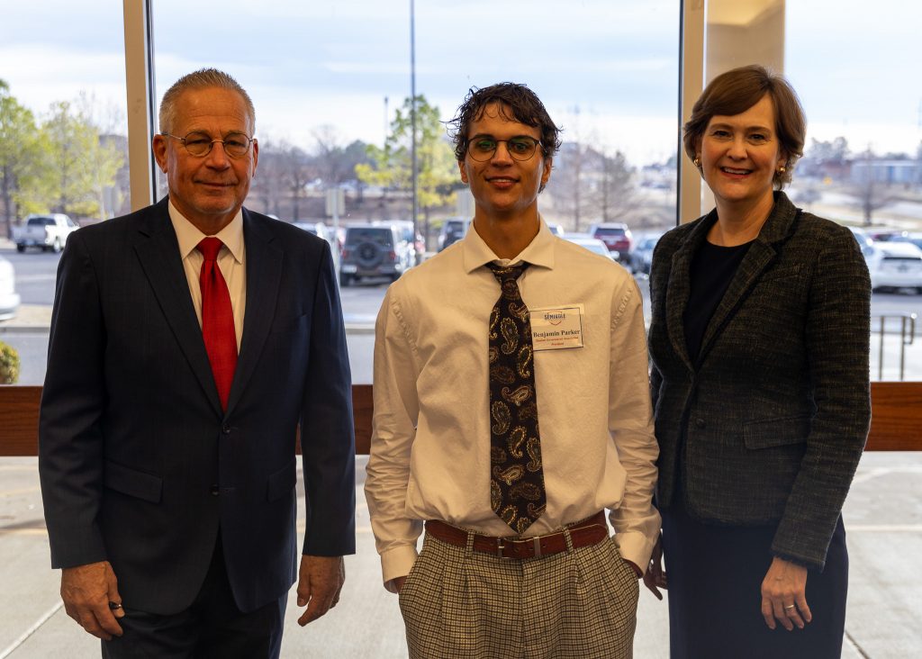 Pictured (left to right) OSRHE Chair Jack Sherry, Parker and Oklahoma State System of Higher Education Chancellor Allison Garrett.