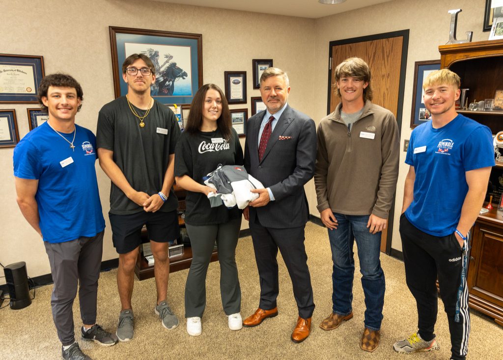 Pictured left to right are: Kaden Wright of Bixby, Easton Guest of Skiatook, Amberlyn Mathews of Seminole, the Attorney General, Sutton Titsworth of Bristow and Daylan Saxon of Seminole.