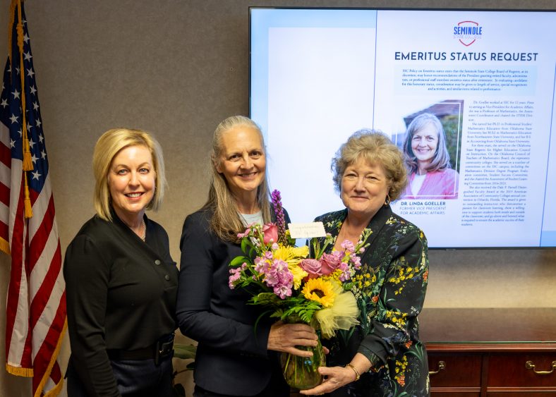 Pictured (left to right): SSC Board of Regents Chair Kim Hyden, Former Vice President for Academic Affairs Dr. Linda Goeller and President Lana Reynolds.