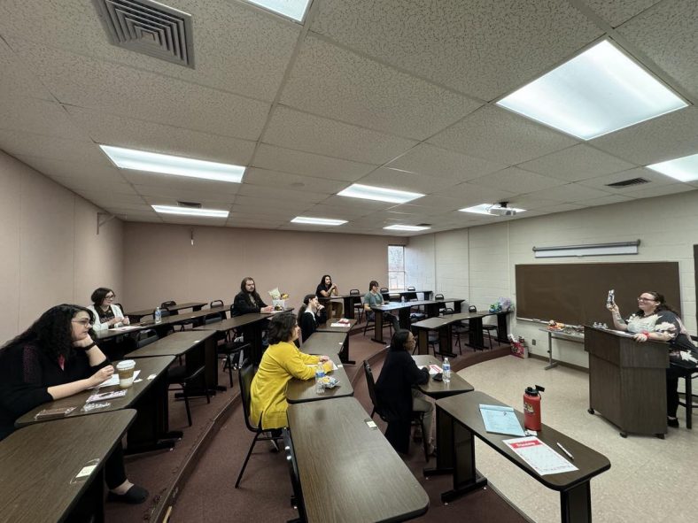 Pictured is SSC psychology major Shannon Bennett, of Tecumseh, as she presents at “Mental Health Monday.”