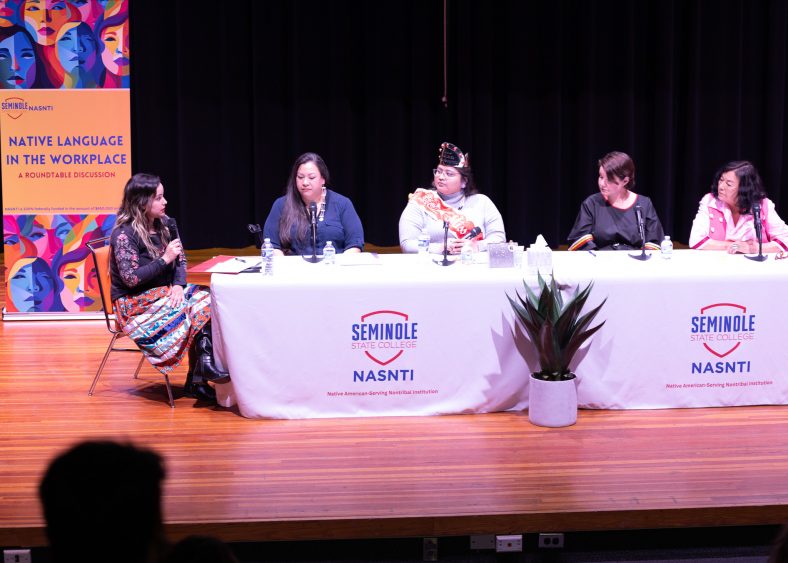 Pictured (left to right): Director of the Sac & Fox Language Department Katie Thompson, Matriarch Co-Creator Sarah Adams, Miss Indian Oklahoma Faithlyn Seawright, U.S. Department of State Foreign Service Officer Jennifer Barnes-Kerns and MICA Group CEO Della Warrior as they sit on a panel at SSC discussing Native American Language in the Workplace.