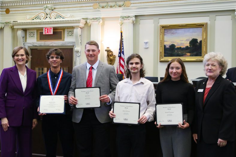 Pictured are Five students who were honored by SSC at the All-Oklahoma Academic Team and OACC Presidents’ Tuition Waiver Awards Ceremony at the State Capitol on March 28 alongside Chancellor of Higher Education Allison Garrett and SSC President Lana Reynolds. Left to right are Chancellor of Higher Education Allison Garrett, SSC sophomore Benjamin Parker, Prague High School student Ethan Rich, Bowlegs High School student Dillon Sullivan, Seminole High School student Hannah Upchurch and SSC President Lana Reynolds. Not pictured but also named to the All-Oklahoma Academic Team was SSC sophomore Ryan Carlisle.