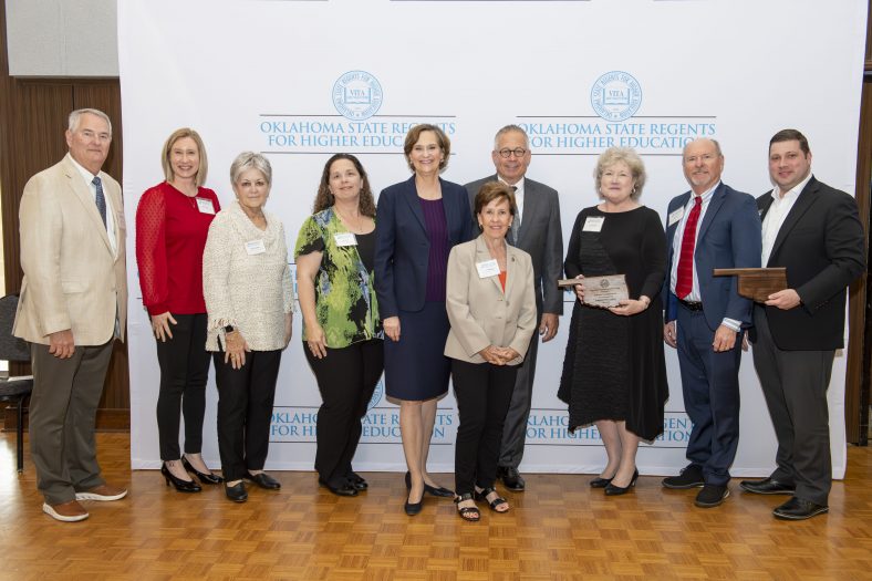 Pictured (left to right): SSC Rural Business and Resources Director Danny Morgan, SSC Director of Community Relations Kim Pringle, Tourism Council Member Marci Donaho, CEO of the Seminole Chamber of Commerce Amy Britt. Chancellor for Higher Education Allison Garrett, Oklahoma State Regents for Higher Education Regent Ann Holloway, OSRHE Chair Jack Sherry, SSC President Lana Reynolds, Seminole City Manager Steve Saxon and Tourism Council Member Mitch Enos.