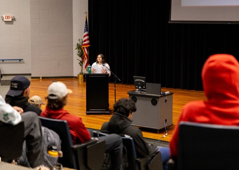 Pictured is guest speaker Stephanie Hassell, a Licensed Professional Clinical Counselor and SSC graduate, as she addresses the crowd during a stress management seminar.
