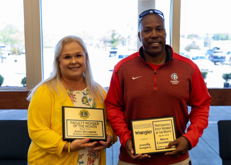 The Seminole Chamber of Commerce recognized Assistant Professor of Nursing Ann Benson (left) as the Faculty Member of the Month and Head Baseball Coach Mack Chambers (right) as the Staff Member of the Month at their Forum on April 11.