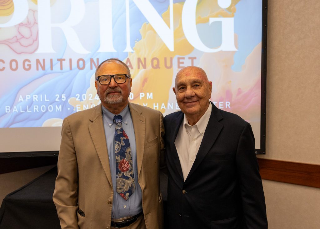 Pictured posing for a photo are Former SSC Athletic Director Dr. Thurman Edwards (right) who received the Distinguished Service Award. The award was presented by Vice President Emeritus for Student Affairs Dr. Brad Walck (left).