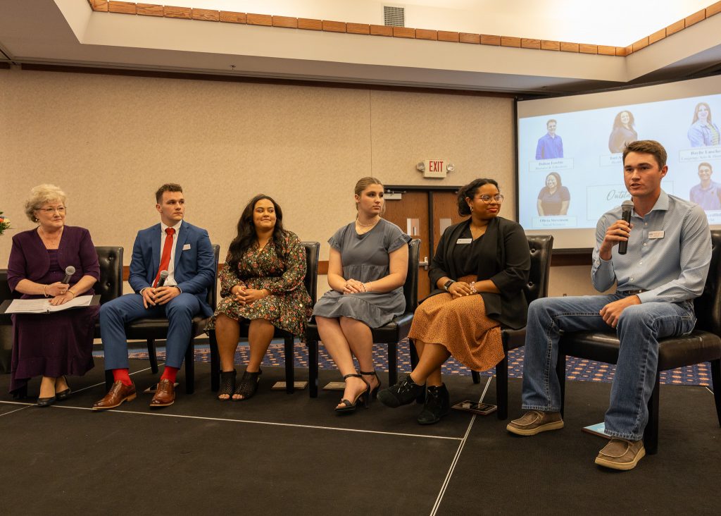 Pictured on stage during an interview portion of the evenings event are (left to right): SSC President Lana Reynolds, Dalton Fowble of Chandler, Tori Annanders of Macomb, Baylie Luschen of Chandler, Olivia Stevenson of Seminole and Brett Griffith of Rocky.
