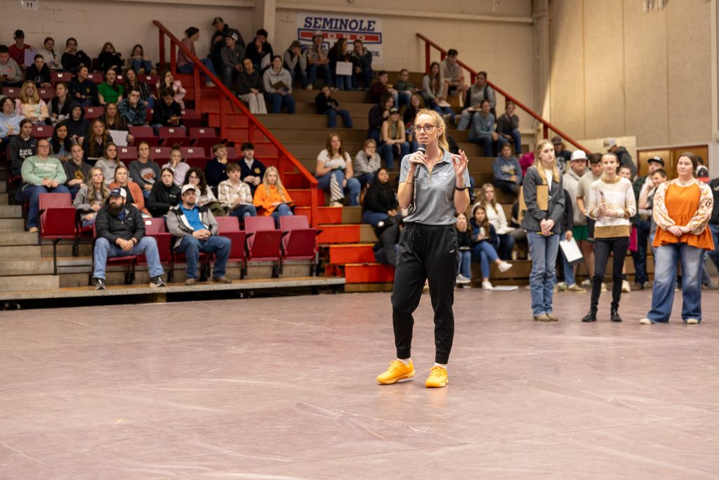 Pictured is SSC Aggie Club sponsor and Assistant Professor of Agriculture Wendy Rich welcoming nearly 1,100 attendees to the sixth annual SSC FFA Interscholastic Contest on April 11.