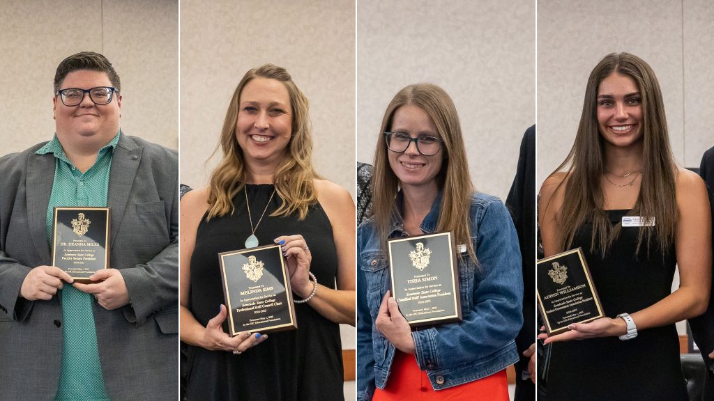 Pictured from left to right are: Dr. Deanna Miles, Faculty Senate President; Melinda Sims, Professional Staff Council Chair; Tisha Simon, Classified Staff Association President; and Adisen Williamson, Student Government Association President.