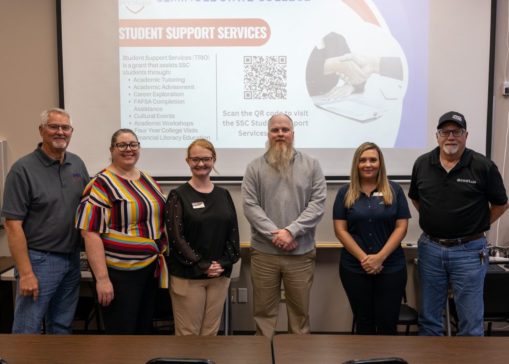Posing for a group photo, pictured left to right: Danny Morgan, Rural Business and Resources Center Director; Kendi Cox, Manager of Human Resources for Canadian Valley Electric Cooperative; Meagan Hall, Teller for BancFirst; Mark Crowe, Seminole Center Manager for Lincare; Ashley Tilley, District Manager for Lincare; and Mickey Shaw, Manager of Human Resources for Ecoat.us.