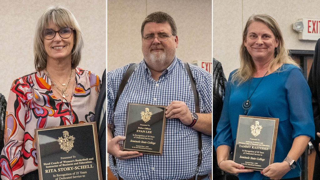 Pictured left to right are: Rita Story-Schell, Head Coach of Women’s Basketball and HPER Instructor, recognized for 25 years; Evan Lee, Campus Police Officer, recognized for 20 years; Tammy Kasterke, Assistant Professor and Division Chair of Business and Education, recognized for 20 years.